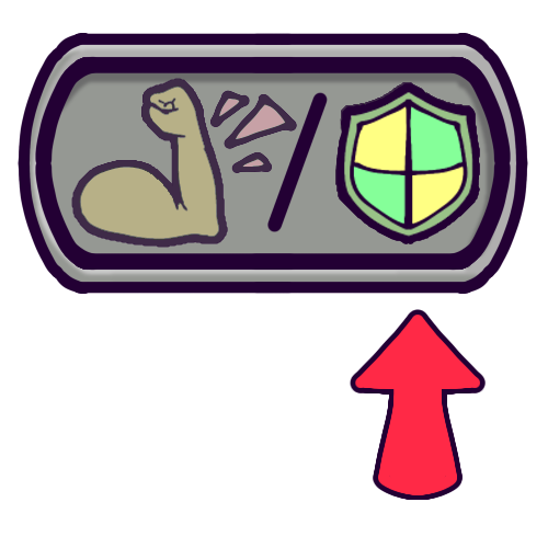 A drawing replicating the bottom right area of a Magic the Gathering card that shows a card’s power and toughness, with the toughness highlighted, but the numbers are replaced with symbols. It is a  grey rounded rectangle shape with a raised edge. Inside of it is (left to right) a greyed out icon of a yellow, muscly human arm flexing, for power, a diagonal line separating the two values, and a yellow and green shield, for toughness. A red arrow points to the shield. 